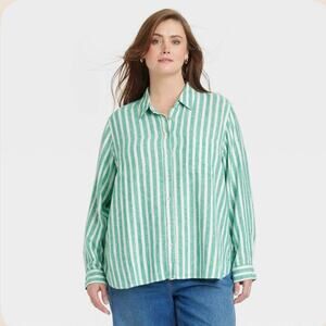 NWT Universal Thread Green White Stripe Linen Rayon Button Down Shirt Medium